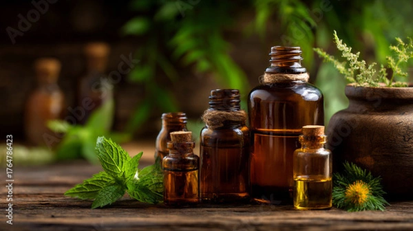 Obraz Tranquil Aromatherapy: Essential Oils and Herbal Infusions in Glass Bottles for Natural Wellness and Relaxation