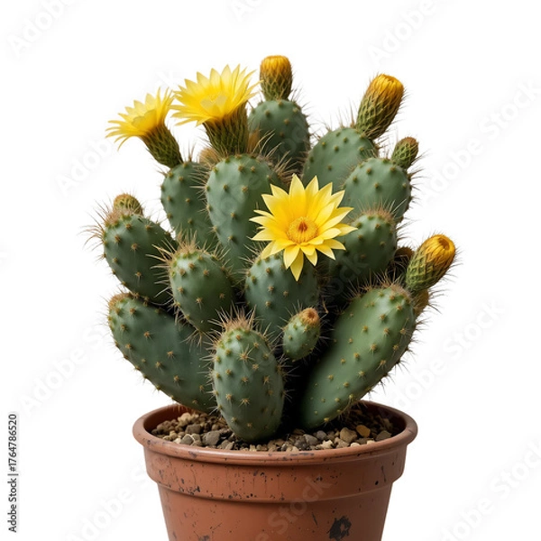 Fototapeta Prickly Pear Cactus In A Brown Pot Showcasing Multiple Vibrant Yellow Blossoms And Buds Against A Stark Transparent Background