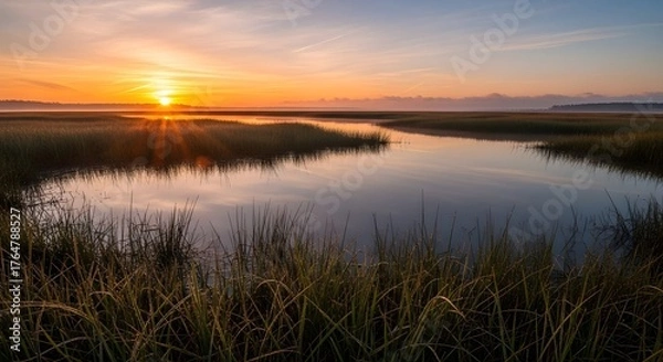 Fototapeta Beautiful sunrise over a calm marsh with a river reflecting the sky