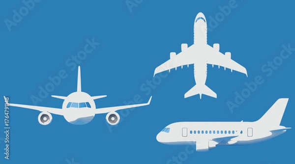 Obraz Vector art of a collection of three white airplane silhouettes against a blue background, showcasing different perspectives and types of aircraft