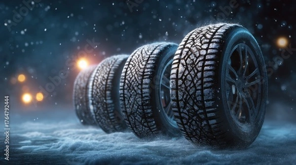Fototapeta Snowy Winter Scene with Winter Tires Displayed on a Frosty Surface in Cold Weather Environment