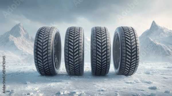 Fototapeta Four All-Weather Tires Displayed in a Snowy Mountain Landscape with Vibrant Tread Patterns