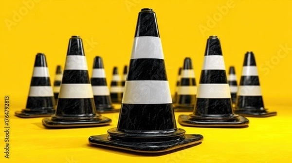 Fototapeta Black and White Traffic Cones Arranged on a Bright Yellow Background for Construction and Safety Themes