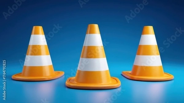 Fototapeta Three Bright Traffic Cones with Stripes on a Blue Background for Safety and Construction Themes