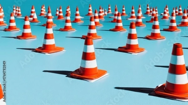 Fototapeta Sea of Traffic Cones on Blue Background Creating a Bold Visual of Urban Safety and Road Management