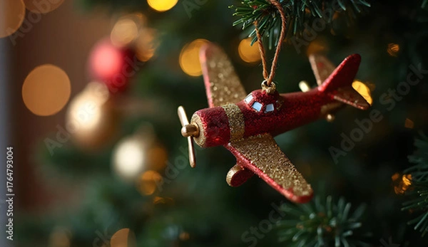 Fototapeta Close up of airplane ornament hanging on Christmas tree with bokeh background