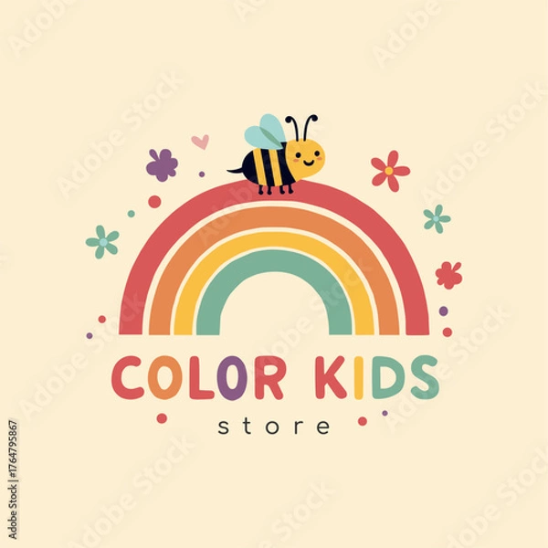 Obraz Playful Rainbow and Bee Logo for Kids Brand