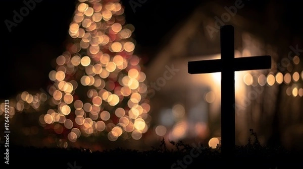Obraz Christmas lights and cross silhouette at night, Christian holiday concept