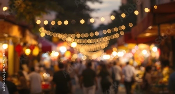 Fototapeta Night Festival on Street with Colorful Lights and Crowded People.