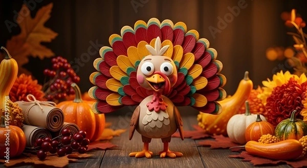 Obraz A cute cartoon turkey with a fannedout tail stands proudly amidst a bountiful harvest of pumpkins, gourds, grapes, and autumn leaves, celebrating the spirit of thanksgiving