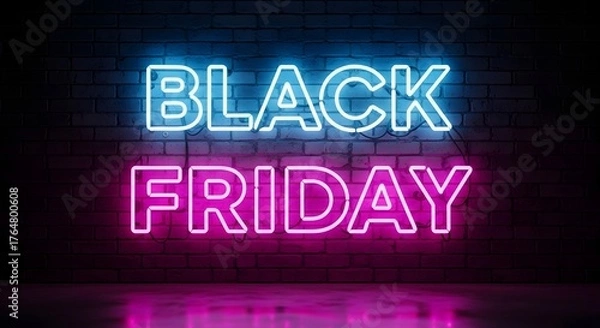 Obraz Black friday neon sign glowing in blue and pink against a dark brick wall, symbolizing big sales and discounts for the shopping event