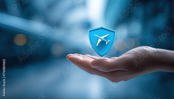 Fototapeta Hand holding a 3D rendered blue shield with an airplane, signifying air travel protection