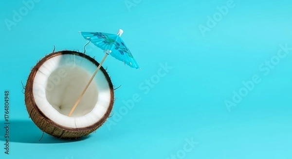 Fototapeta Tropical beach concept made of coconut fruit and sun umbrella. Creative minimal summer idea.