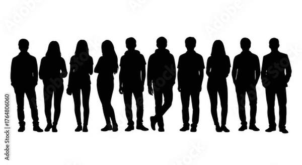 Fototapeta A row of black silhouettes depicting a group of people standing together