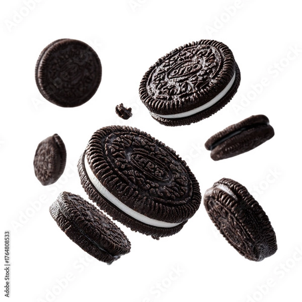 Fototapeta Floating oreo cookies with crumbs on a black background in a studio shot with bright lighting setup