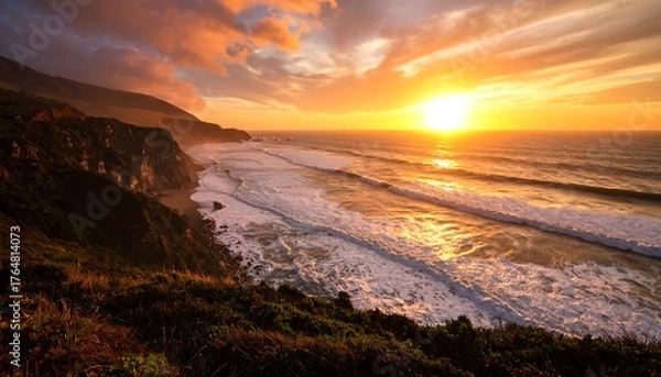 Obraz Dramatic sunset over a rugged coastline (1)