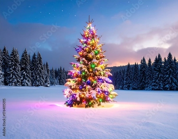 Obraz A Christmas tree, brightly lit with colorful lights, stands in a snowy landscape at twilight