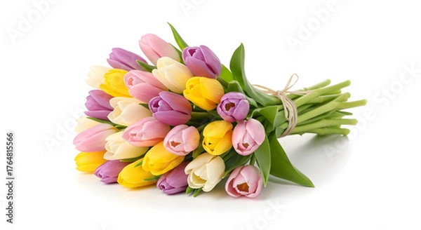 Fototapeta Colorful Tulip Bouquet Tied with Twine on White Background
