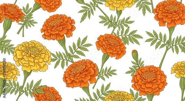 Fototapeta Seamless Pattern of Marigold Flowers and Leaves floral pattern
