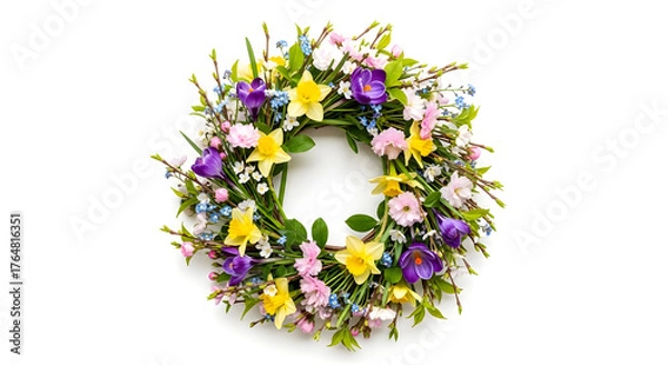 Fototapeta Spring Wreath With Daffodils Crocuses And Willow Branches