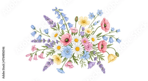 Fototapeta Watercolor Wildflower Bouquet with Poppies and Daisies