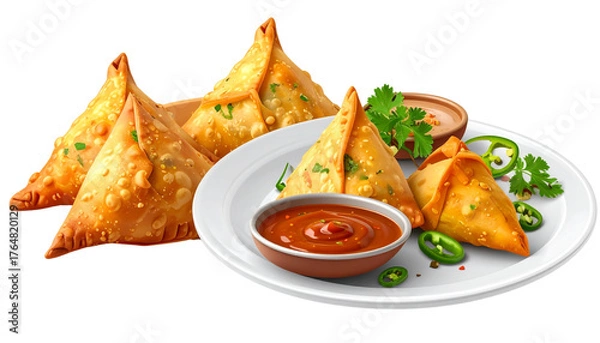 Fototapeta  3. Crispy Fried Samosas with Chutney, isolated on transparent background