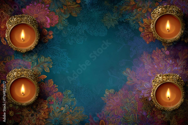 Obraz Festive Diwali backdrop with candles, flowers and blue textured background with space for text, copyspace, horizontal banner