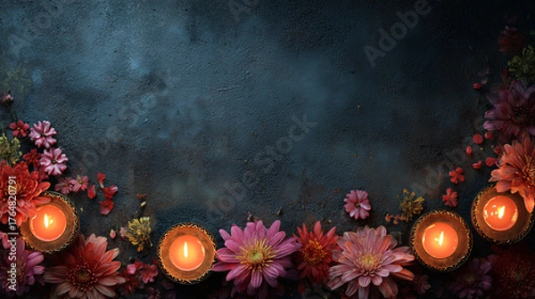 Obraz Festive Diwali backdrop with candles, flowers and dark textured background with space for text, copyspace, horizontal banner
