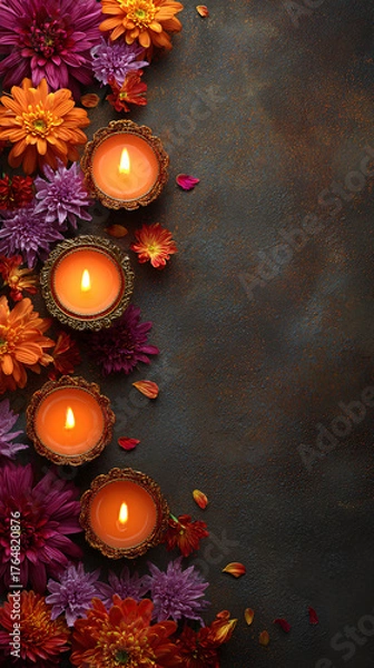 Obraz Festive Diwali backdrop with candles, flowers and dark textured background with space for text, copyspace, vertical banner