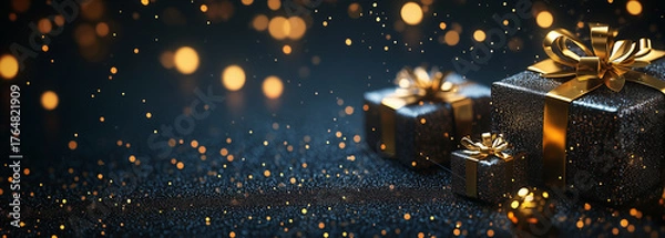Obraz Black and gold gift boxes background with copy space