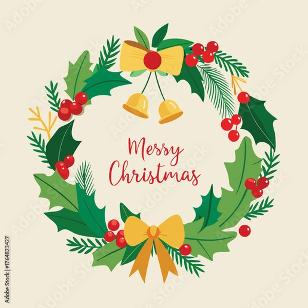 Fototapeta Minimalist christmas wreath vector illustration with festive colors