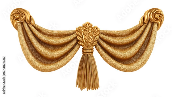 Fototapeta Antique golden curtain with elegant fabric texture and luxurious vintage drapery style for classic home interior isolated on white background