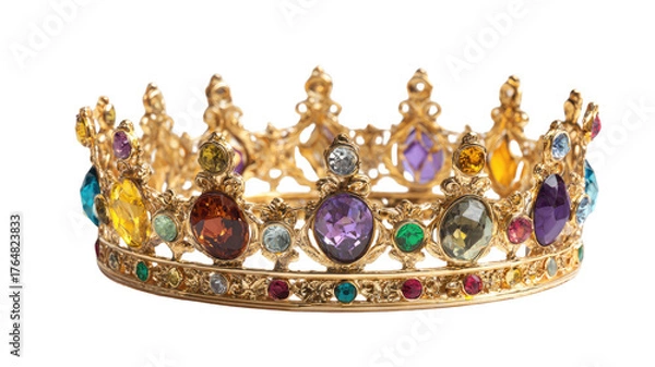 Fototapeta Shiny golden crown with detailed royal design and precious gemstone accents for luxury decoration isolated on white background