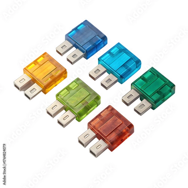 Fototapeta Assortment of colorful automotive blade fuses isolated on transparent background