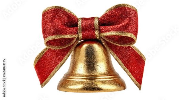 Fototapeta Beautiful golden Christmas bells with red ribbon and green leaves for festive holiday decoration isolated on white background