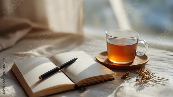 Fototapeta Mental health: journal open, pen, herbal tea cup, soft warm light through window, minimal, calm