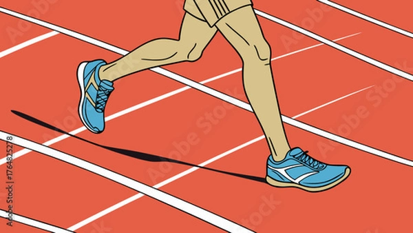 Obraz A runner in motion with blue shoes and tan skin running on a red track with white lines clearly visible