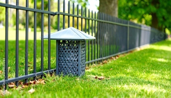 Obraz Dark gray metal fence with decorative light post in a grassy area