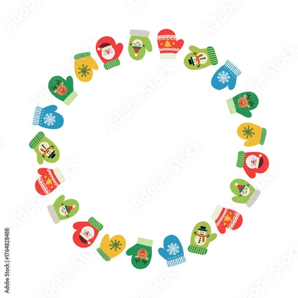 Fototapeta Round frame, wreath, garland with design elements, mittens, Santa Claus, winter holidays. Vector New Year template.