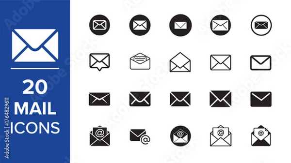 Fototapeta Mailing icon set. Containing mail, email, mailbox, letter, post office, and envelope icons. Solid icon collection. Vector illustration. Mail icons set. Email sign and symbol. E-mail icon