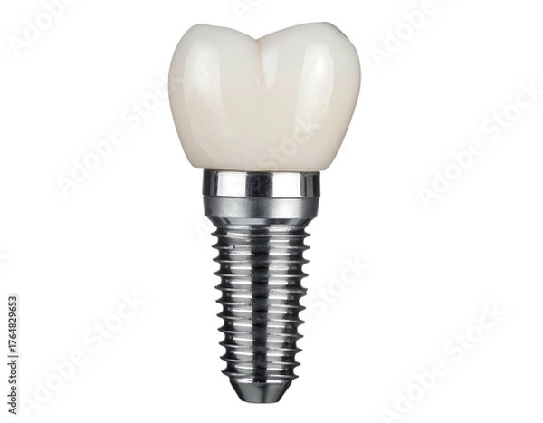 Obraz A dental implant featuring a white crown and metal post. Close-up shot on a plain black background
