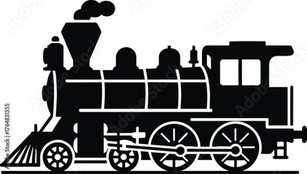 Fototapeta vintage train locomotive with steam funnel and large front wheel silhouette