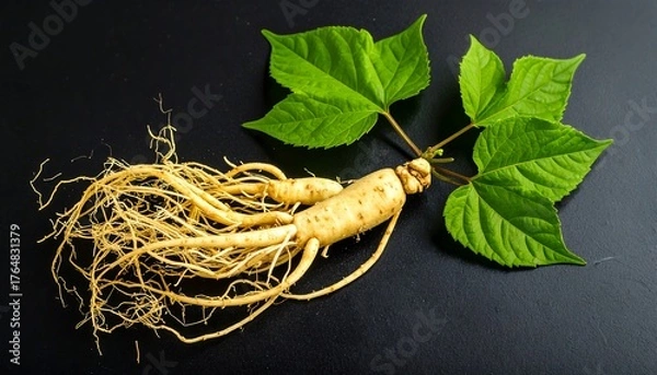 Obraz Fresh ginseng root with vibrant leaves