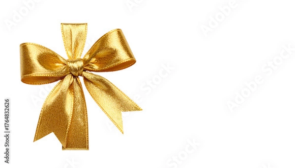 Fototapeta Golden bow. Richly textured gold bow, tightly knotted, resting against a completely black background, filling the left side