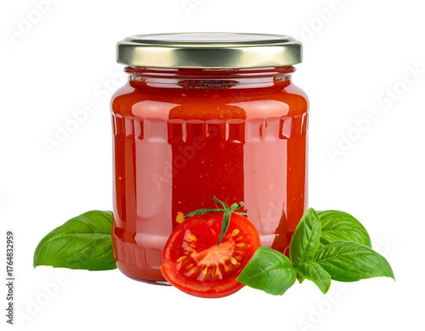 Obraz A jar of vibrant red sauce sits with fresh basil and a tomato slice against a black background