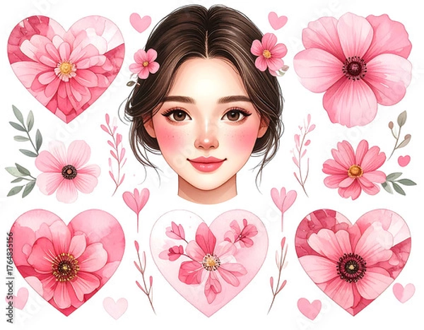 Obraz A portrait of a young woman surrounded by pink floral hearts on a black background