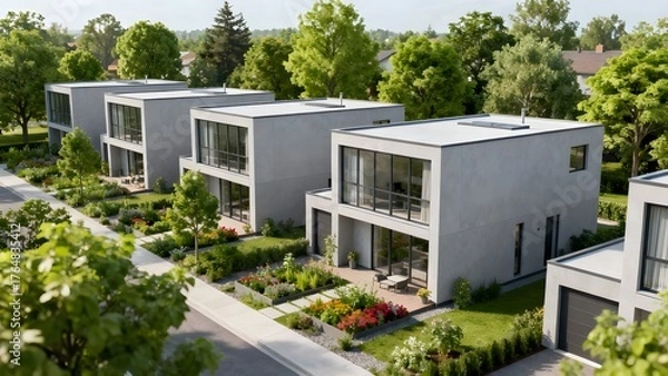 Fototapeta Modern modular houses with minimalist architecture and green garden neighborhood.