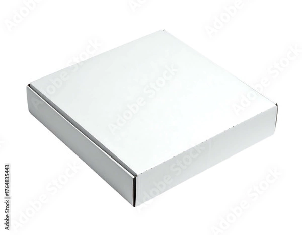 Obraz A simple, plain white square box with subtle shadowing, resting on a light surface, presented in a minimalist style