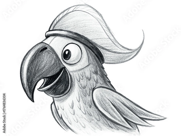 Fototapeta Handdrawn parrot wearing a pirate hat, isolated on transparent background, sketch style