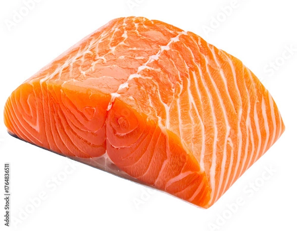 Fototapeta Close-up of a vibrant, orange-pink fish fillet. Fibrous texture is visible. Isolated against a dark, nearly black background